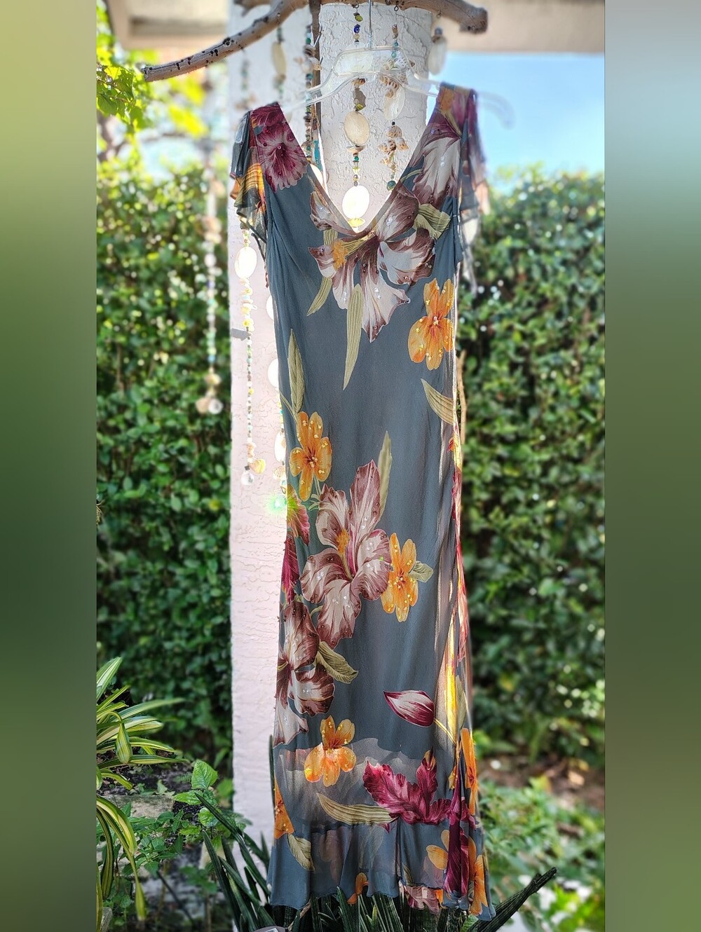 Vintage 90's Fairycore Garden Long Iridescent Beaded Whimsy Dress M-L by Majick